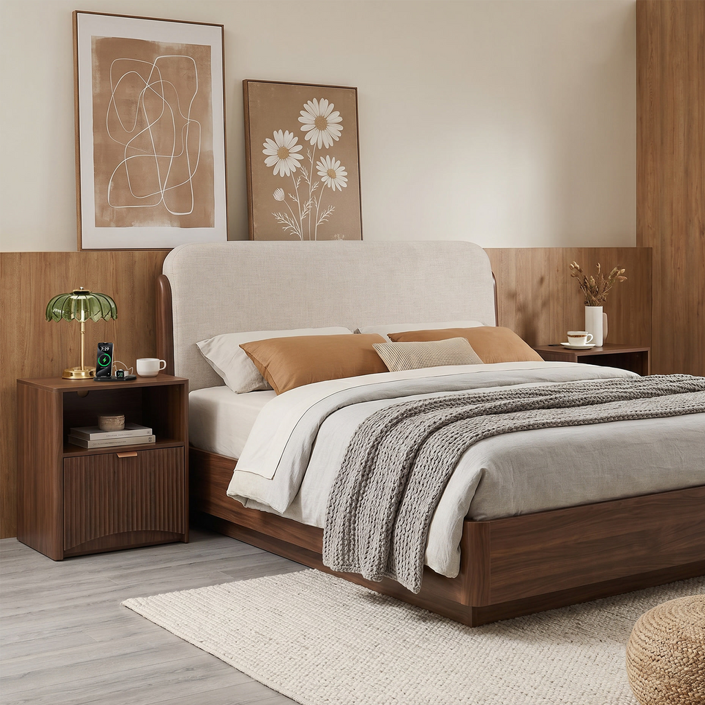 Fluted Nightstand Side View - Walnut Finish with Gold Hardware
