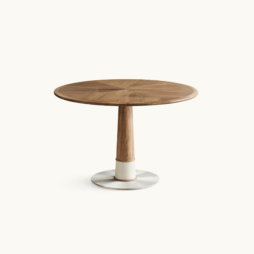 Modern round walnut dining table 47 inch, front view radial grain top