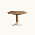 Modern round walnut dining table 47 inch, front view radial grain top