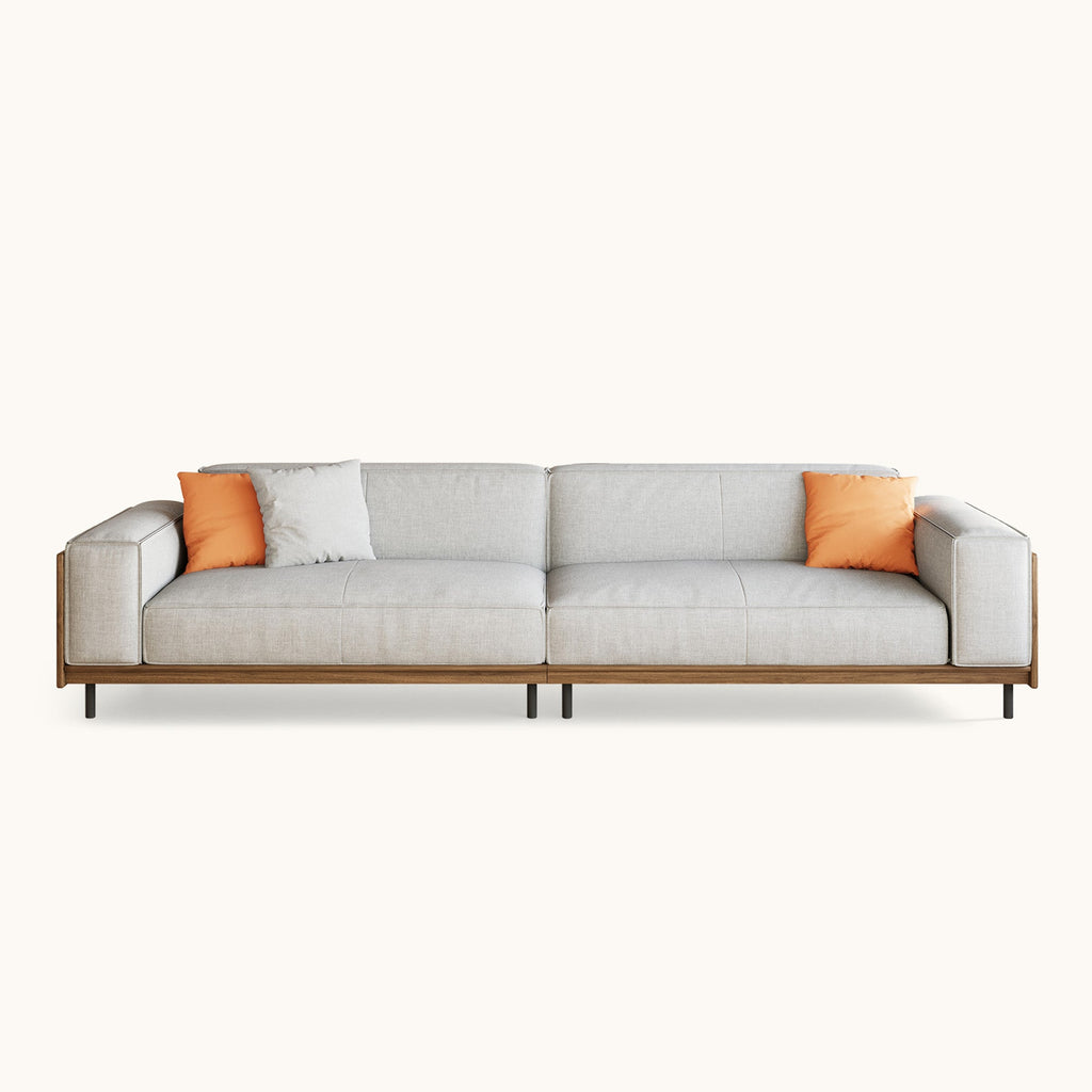 Deep lounge sofa side profile with walnut wood panel accents