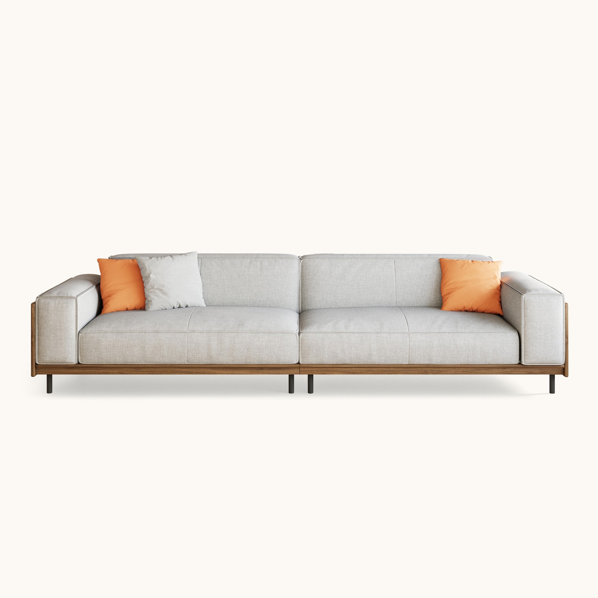 Deep lounge sofa side profile with walnut wood panel accents