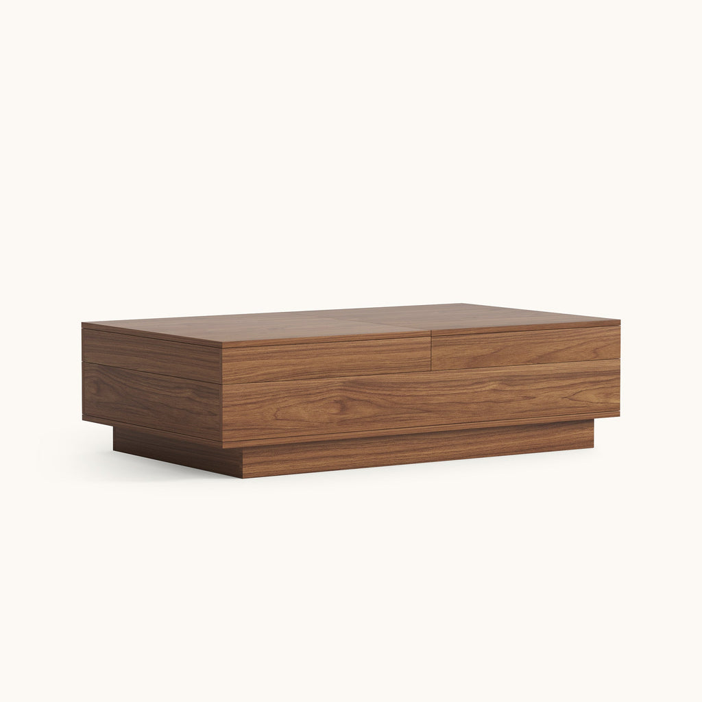 Expandable walnut coffee table closed compact position, front view