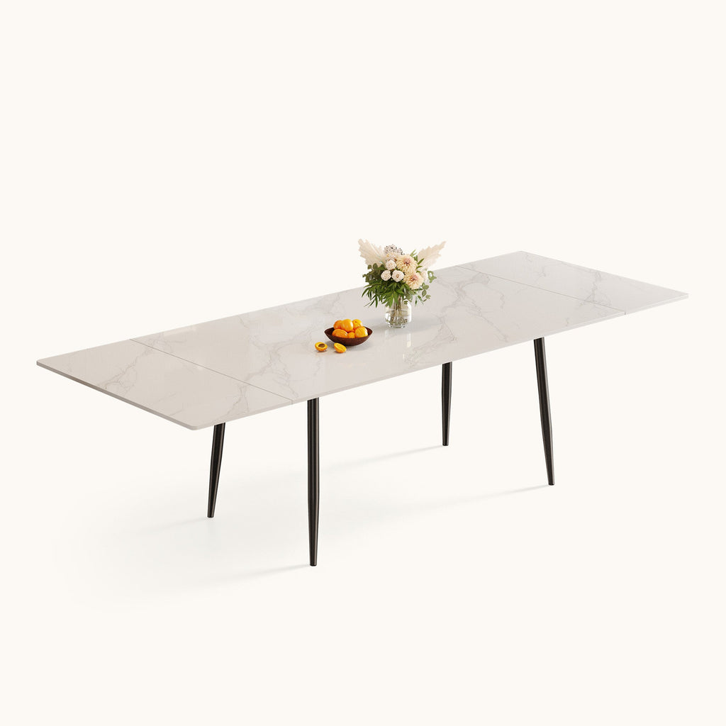 Sintered stone extendable dining table compact position, marble-look top