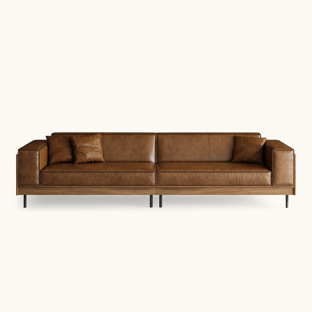 Modern 4-seat deep lounge sofa front view in neutral linen fabric