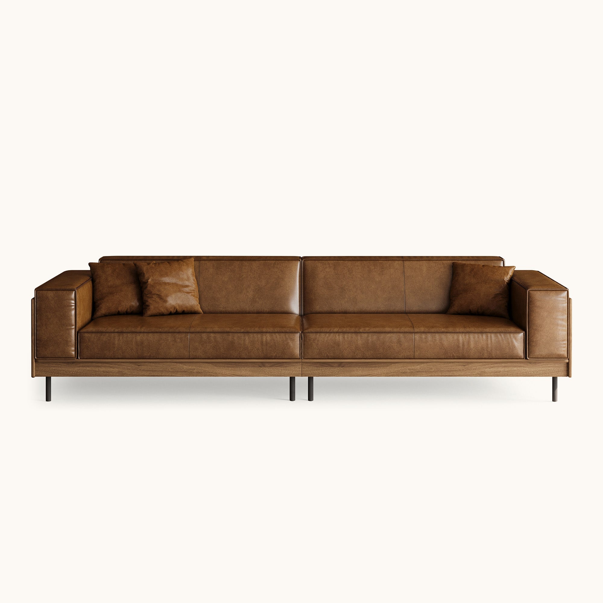 Modern 4-seat deep lounge sofa front view in neutral linen fabric