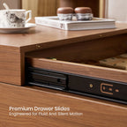 Mid-century walnut coffee table angled view showing grain