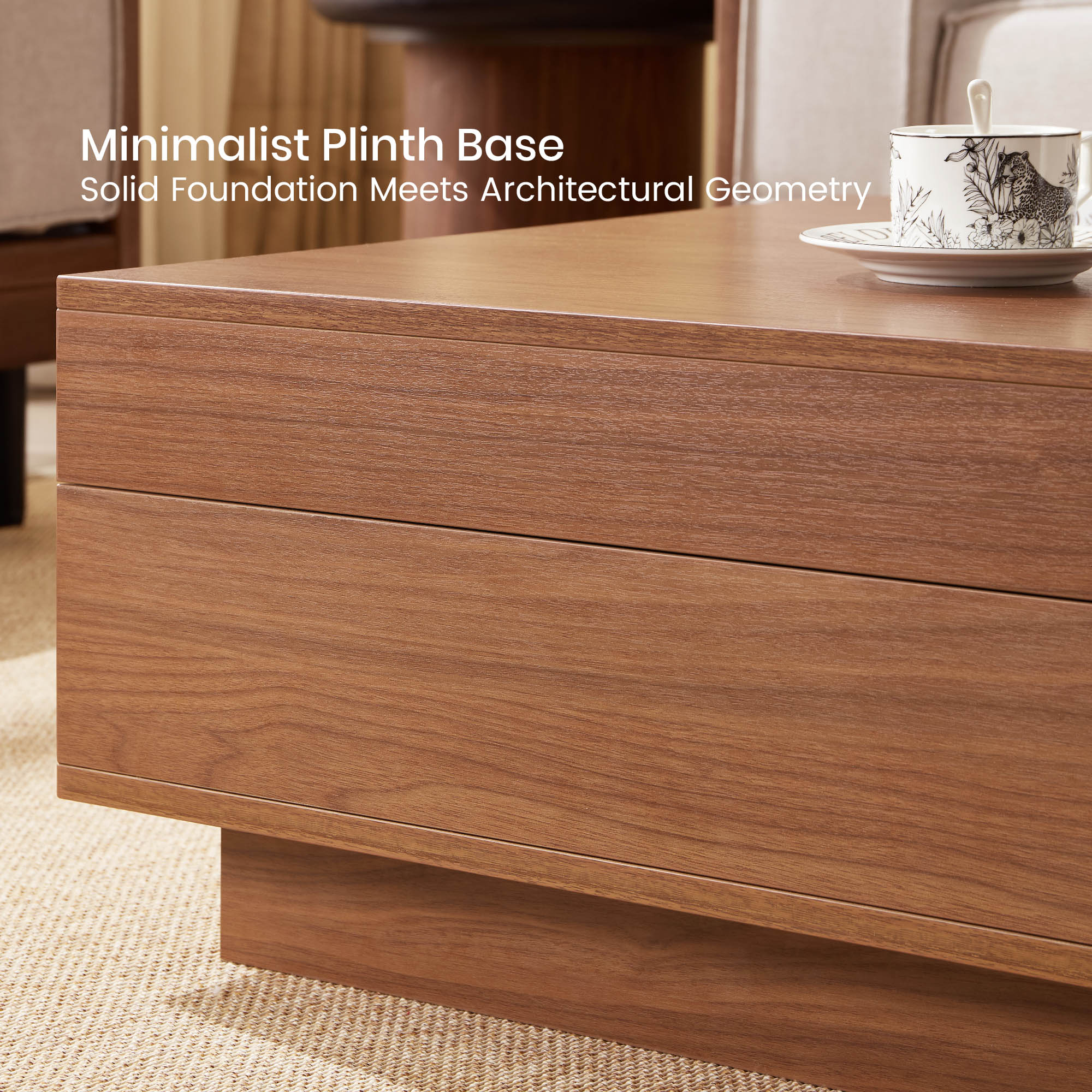 Expandable coffee table dimension reference with measurement overlay