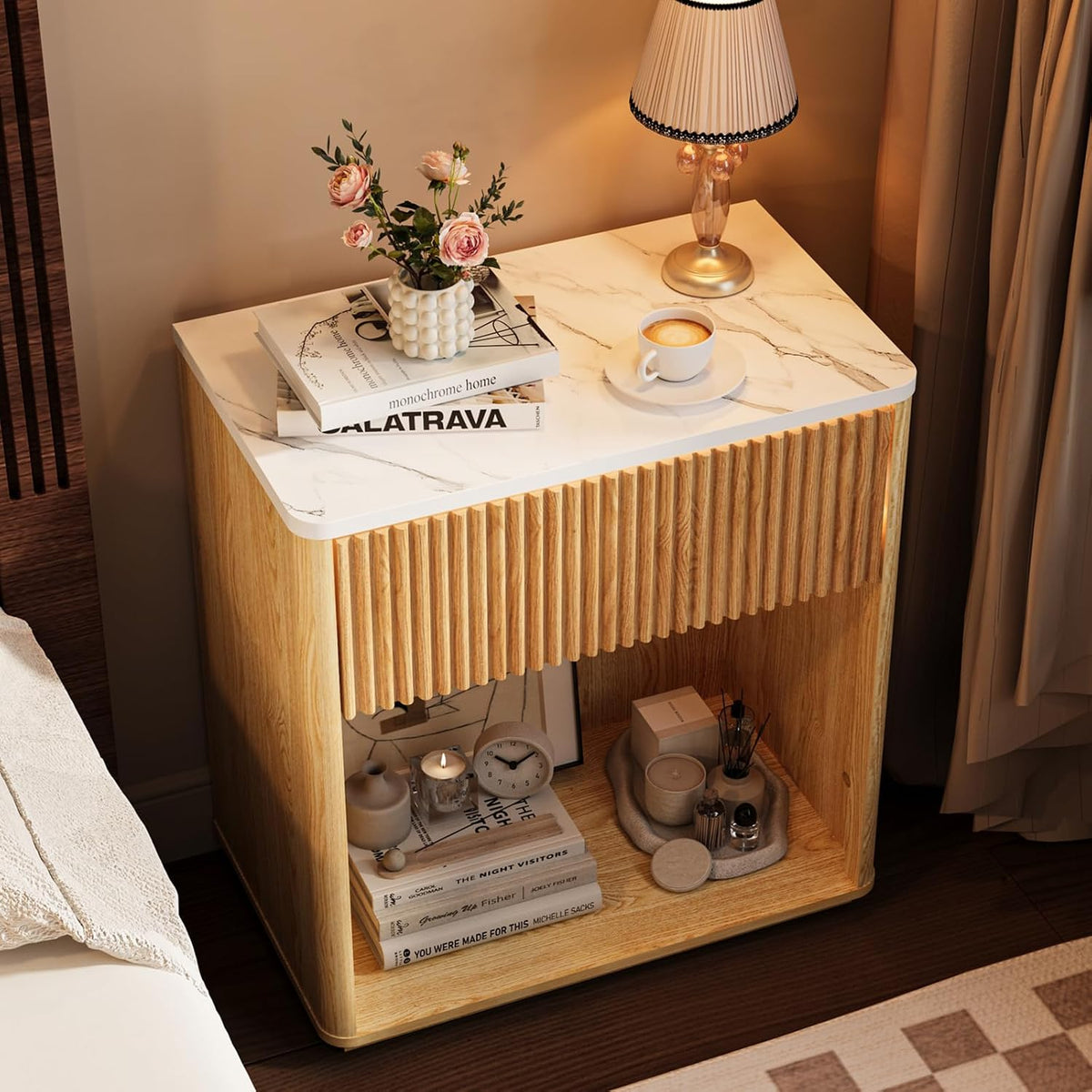 Fluted Nightstand Drawer Open View