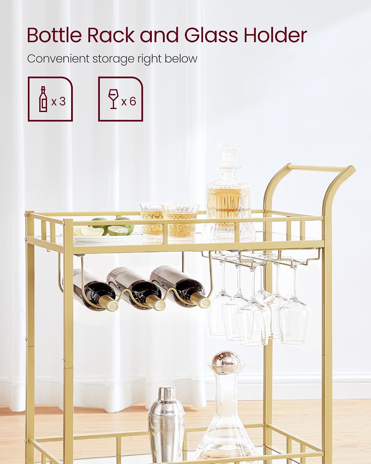 Gold Mirrored Bar Cart Side View