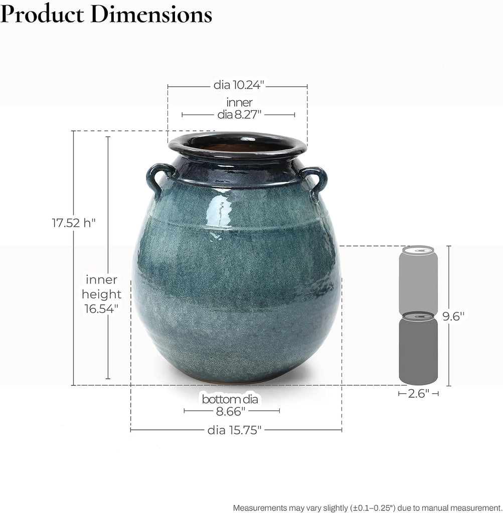 Ocean Blue Rustic Ceramic Floor Vase - Large Farmhouse Decor 17.5in