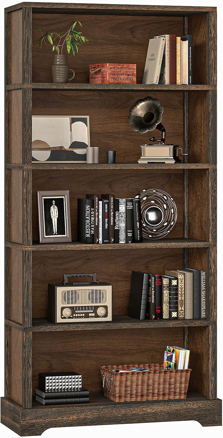 5-Tier Solid Wood Bookcase 65in Open Shelf