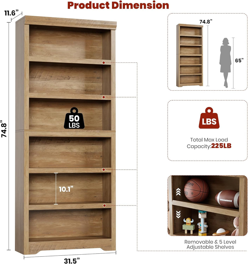 6-Tier Farmhouse Bookcase White Side View