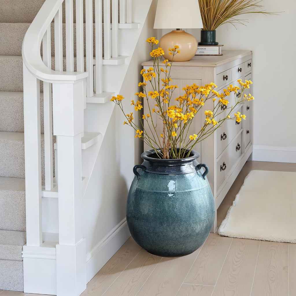 Ocean Blue Rustic Ceramic Floor Vase - Large Farmhouse Decor 17.5in