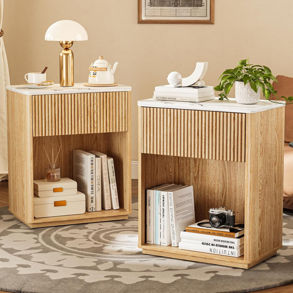 Modern Fluted Nightstand Set of 2 with Marble Top and Drawer