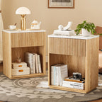 Modern Fluted Nightstand Set of 2 with Marble Top and Drawer