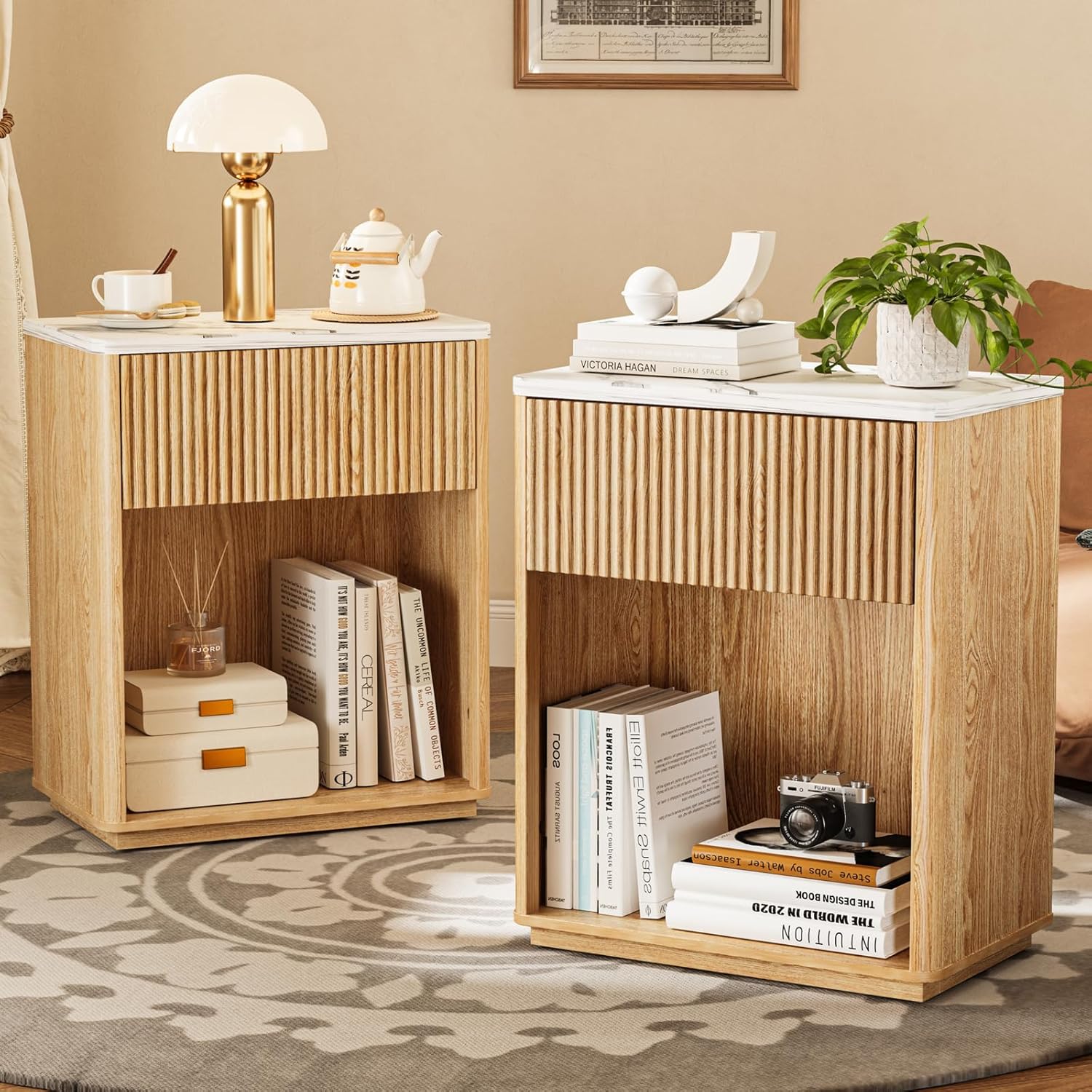 Modern Fluted Nightstand Set of 2 with Marble Top and Drawer