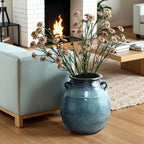 Ocean Blue Rustic Ceramic Floor Vase - Large Farmhouse Decor 17.5in