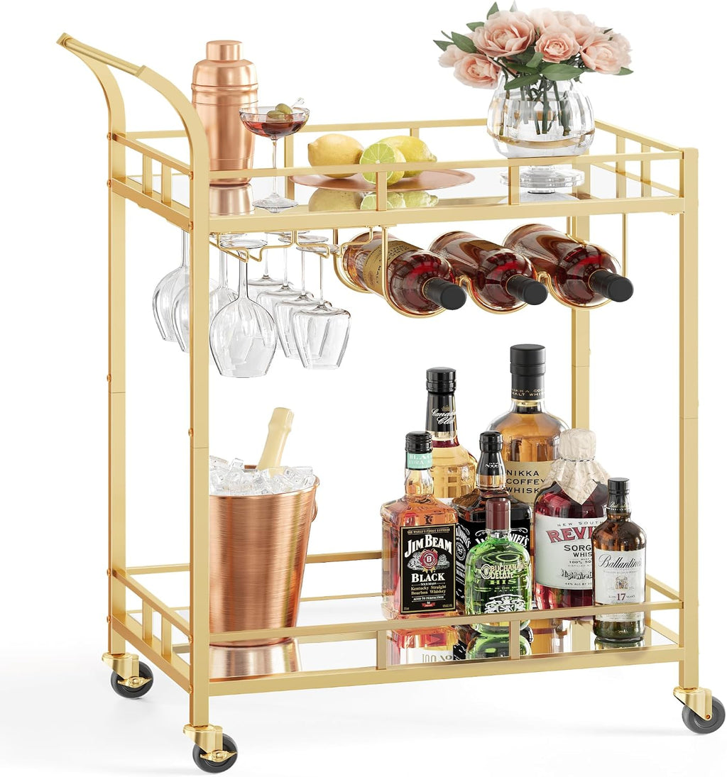 Gold Bar Serving Cart with Mirrored Shelves and Wine Glass Rack