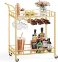Gold Bar Serving Cart with Mirrored Shelves and Wine Glass Rack