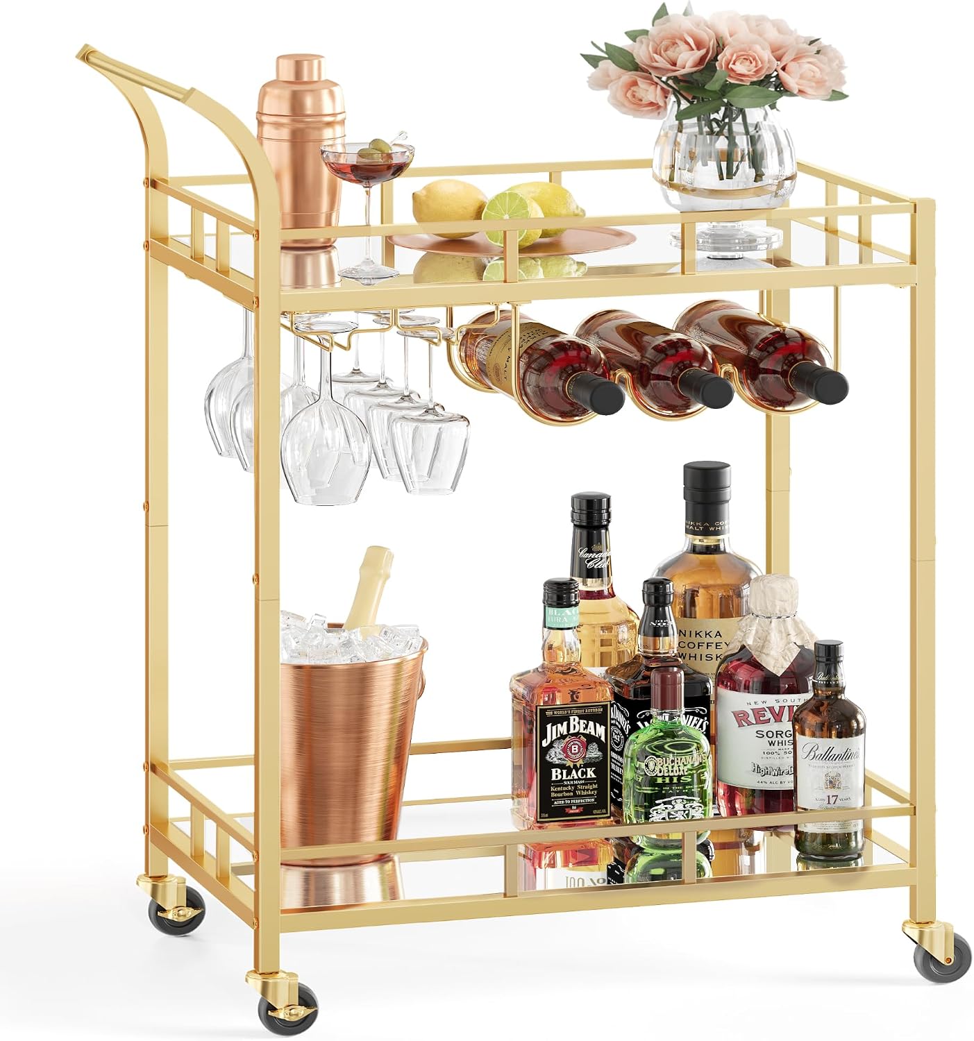 Gold Bar Serving Cart with Mirrored Shelves and Wine Glass Rack