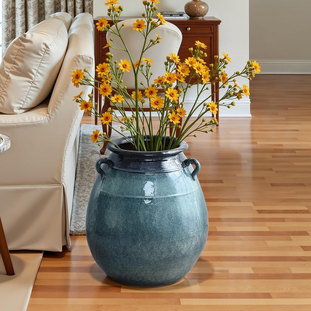 Ocean Blue Rustic Ceramic Floor Vase - Large Farmhouse Decor 17.5in