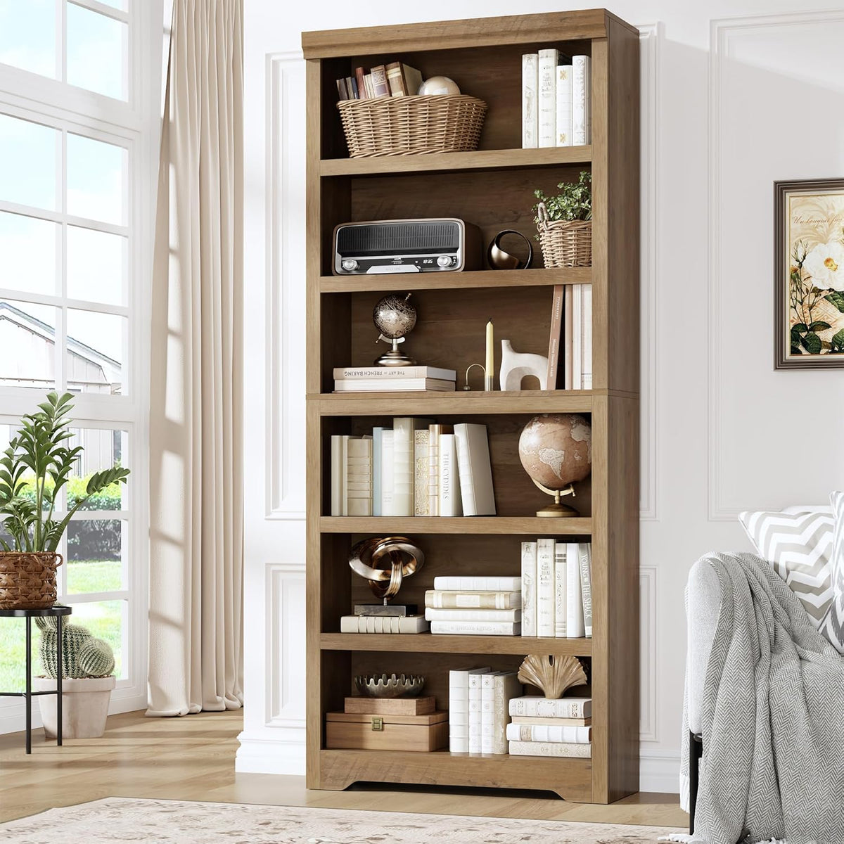 6-Tier Tall Farmhouse Bookcase 75in Open Shelf