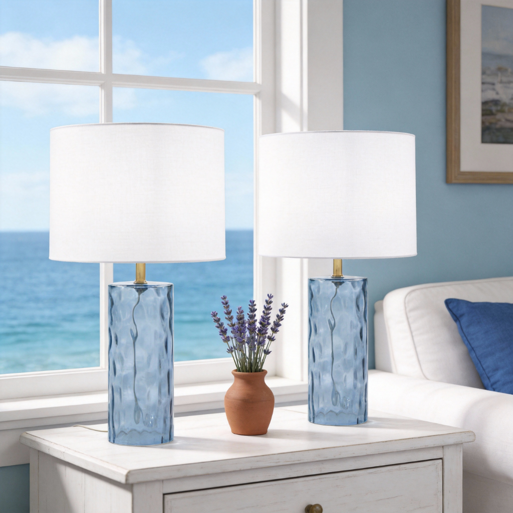 Blue Ripple Glass Table Lamp - Set of 2 with Brass Accent 21in