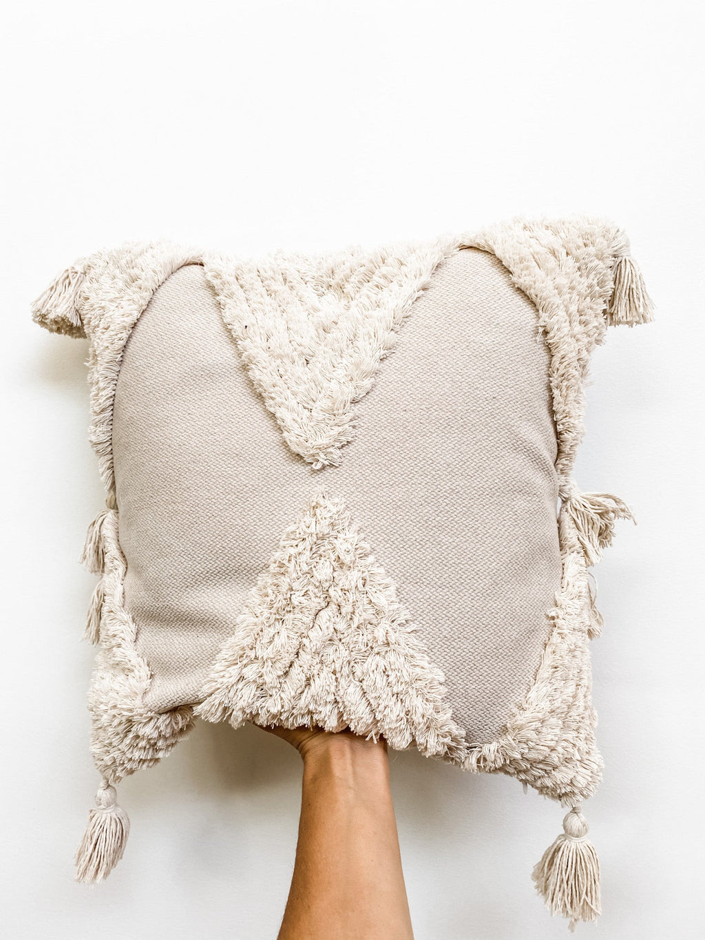 Tassel pillow cover back view with zipper