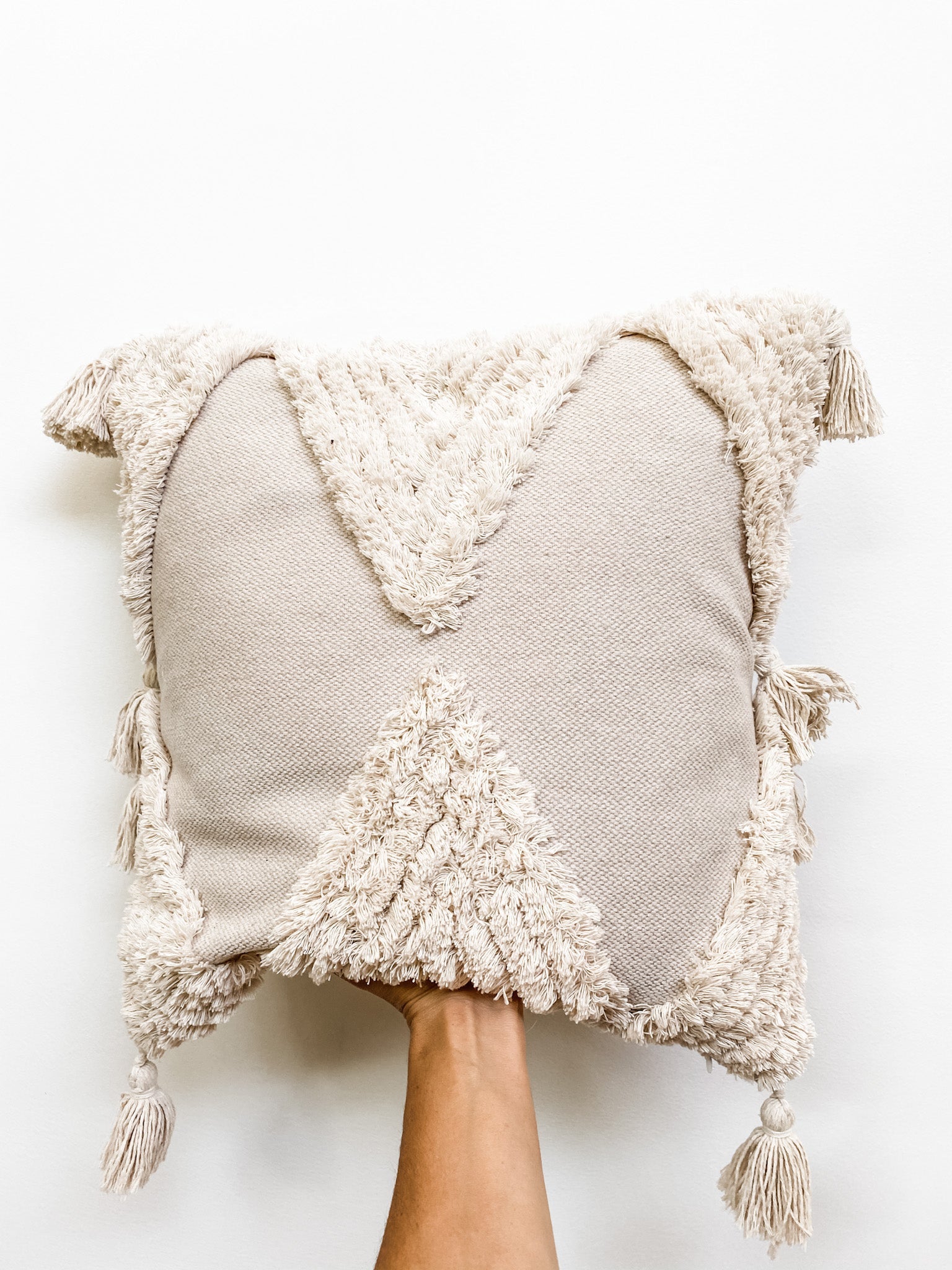 Tassel pillow cover back view with zipper