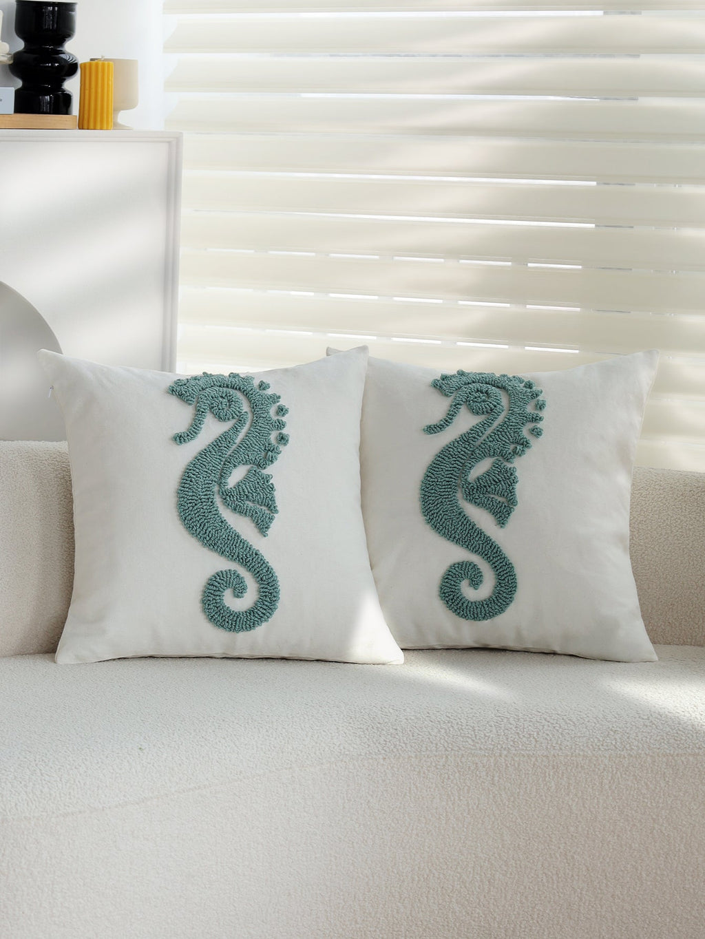Coastal Tufted Throw Pillow seahorse detail