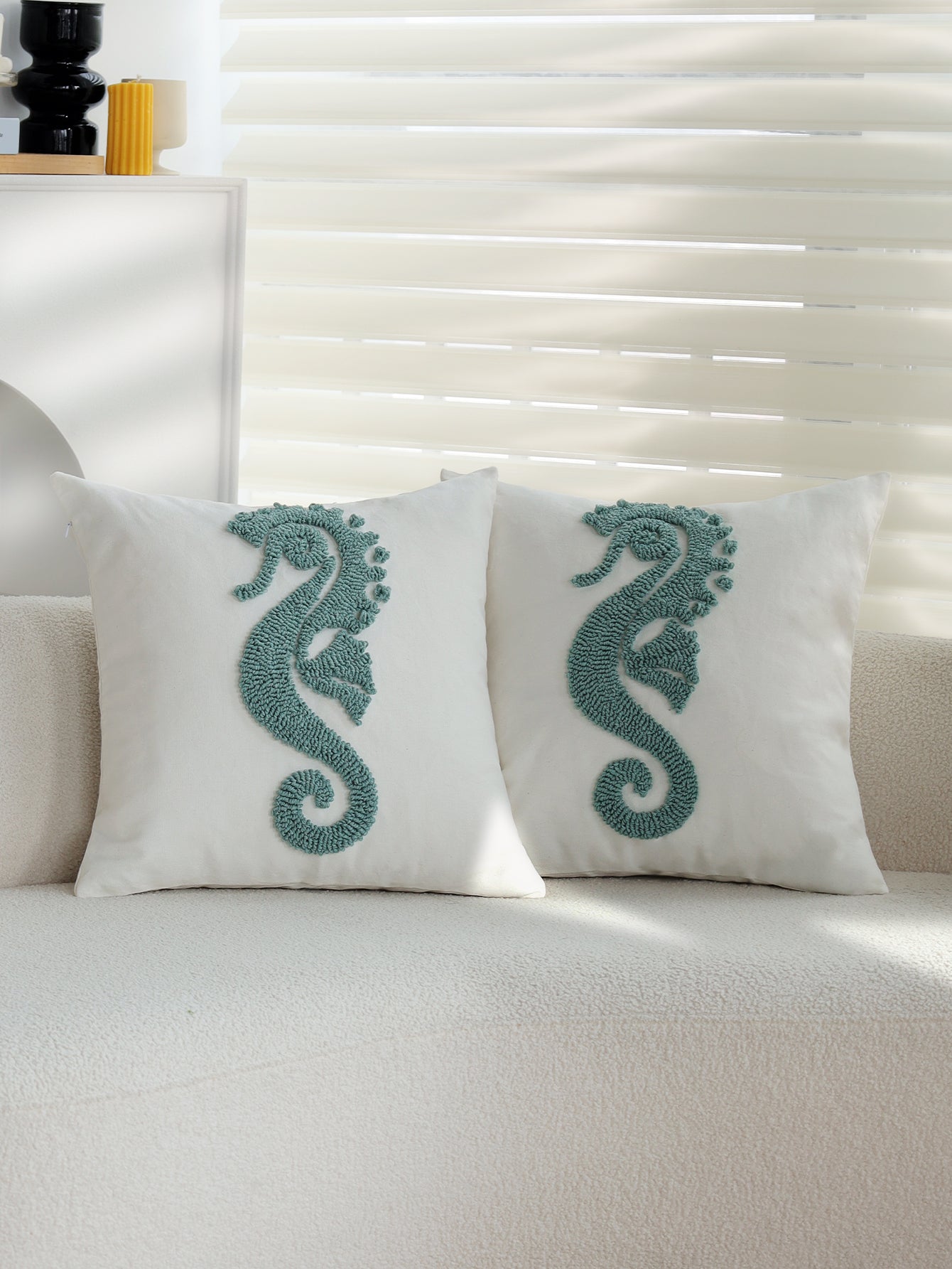 Coastal Tufted Throw Pillow seahorse detail