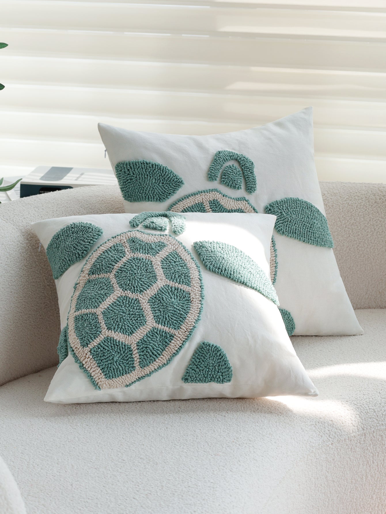 Coastal Tufted Throw Pillow turtle embroidery