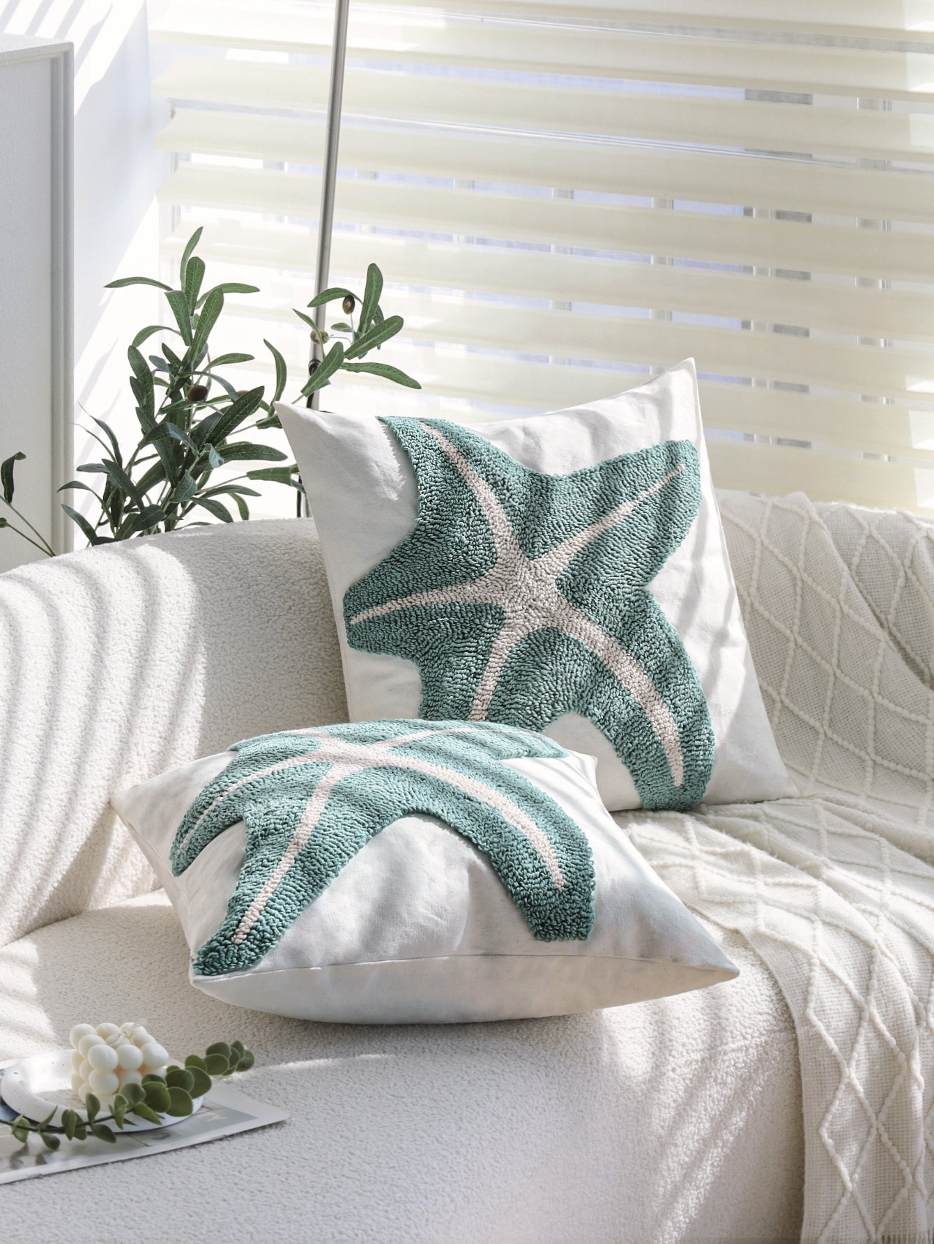 Coastal Tufted Throw Pillow starfish design