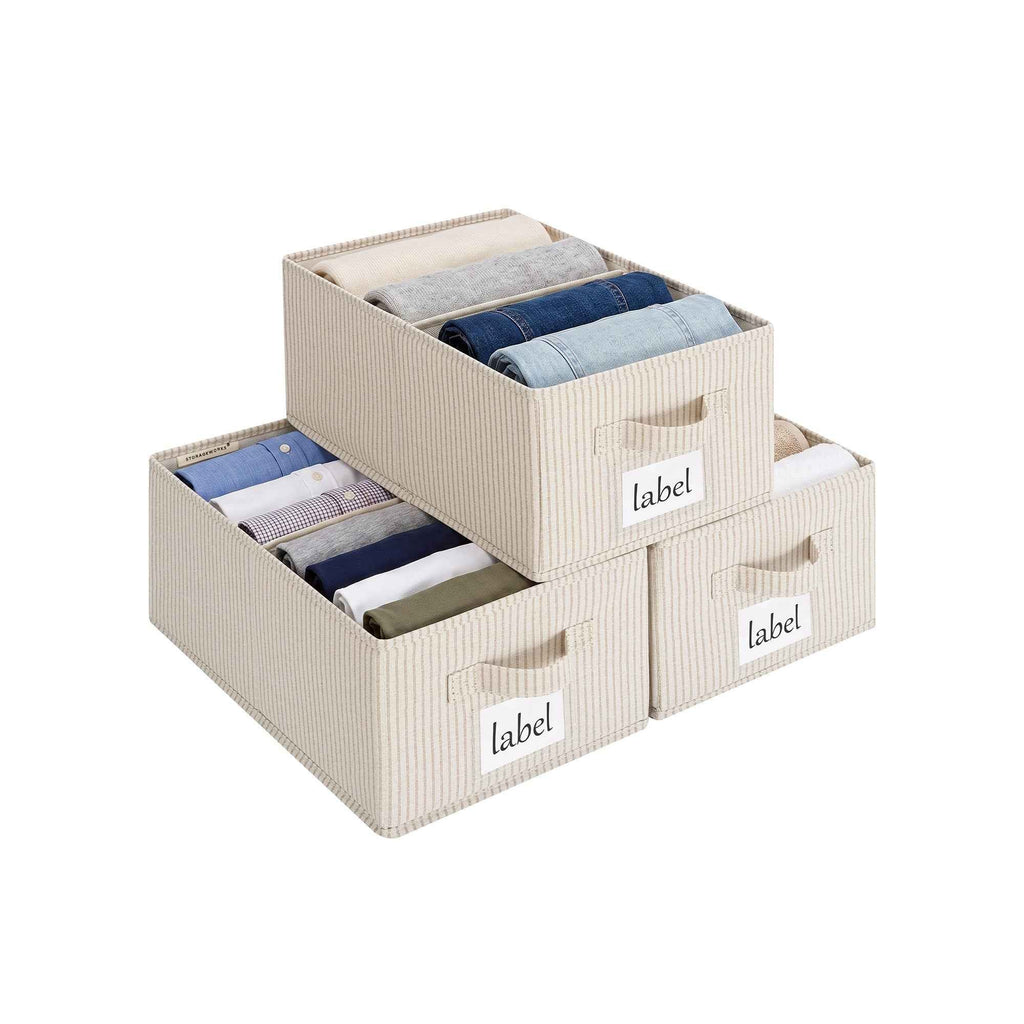 Fabric storage bin with divider and label