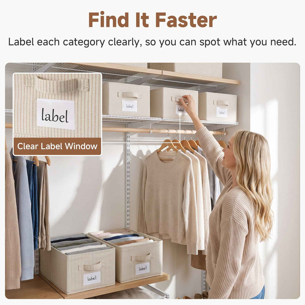 Bins organized on closet shelf