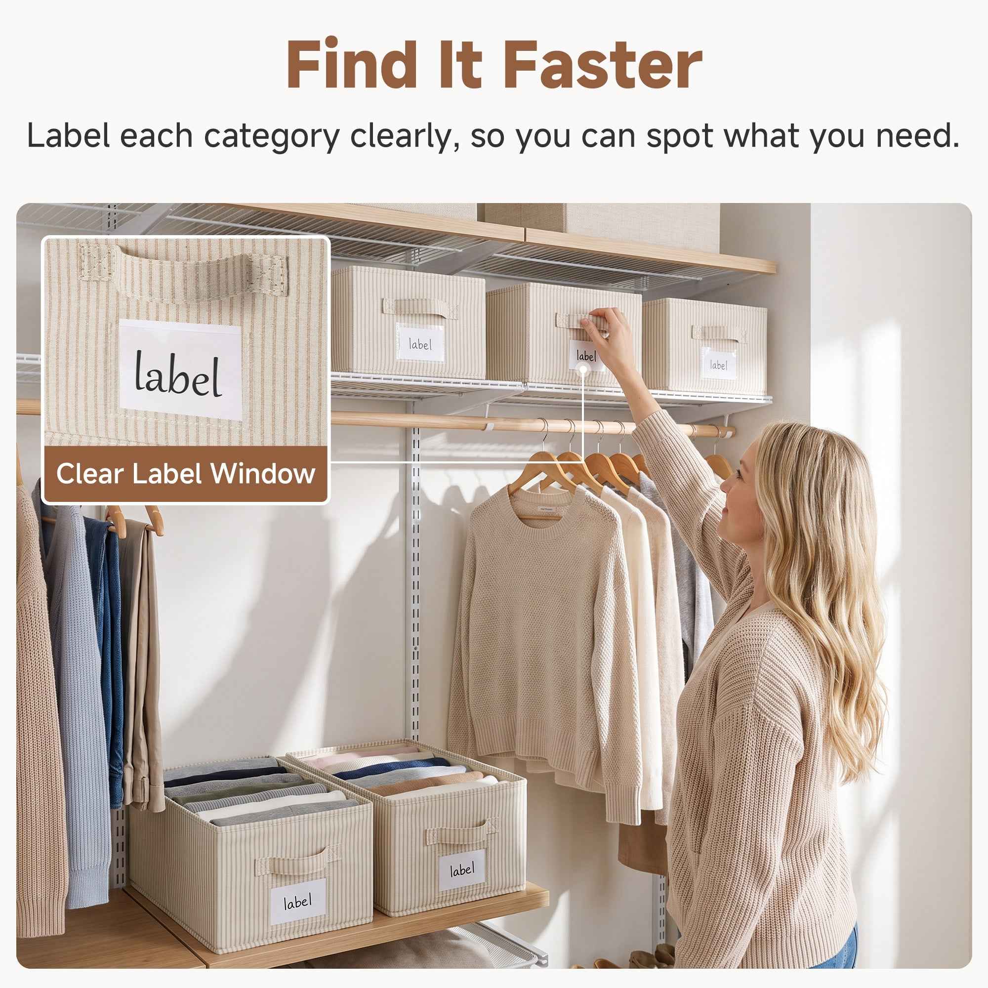 Bins organized on closet shelf