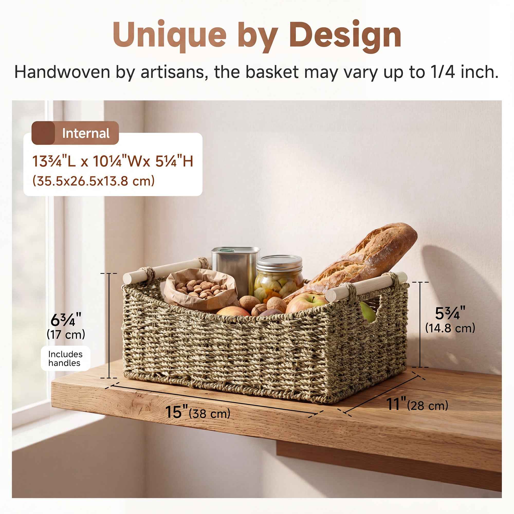 Curved seagrass basket side view
