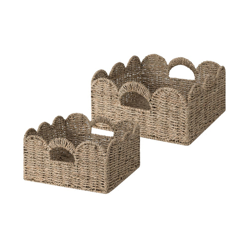 Scalloped seagrass storage basket with handles — square style