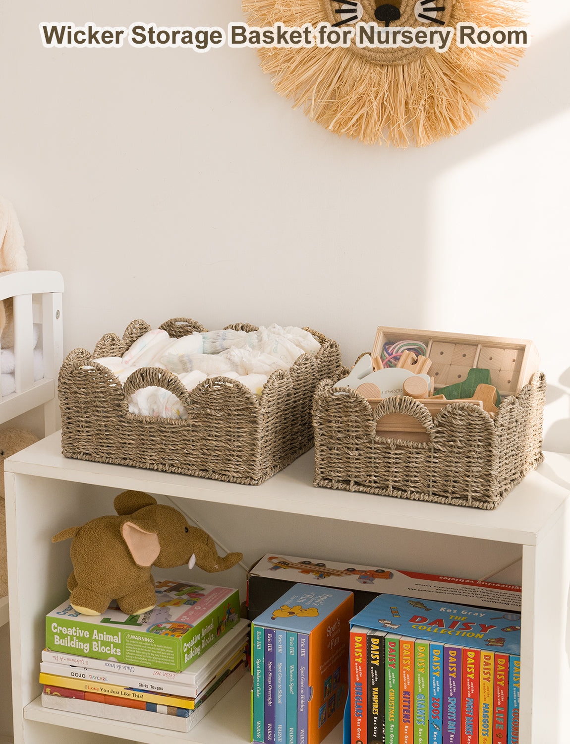 Wicker basket organizer on bookshelf