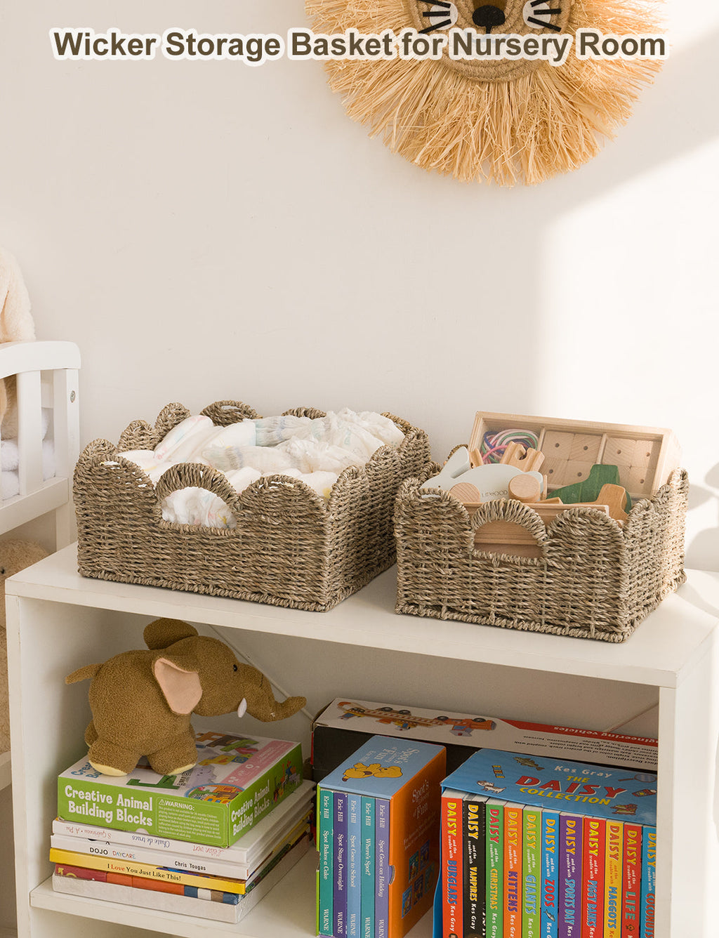 Wicker basket organizer on bookshelf