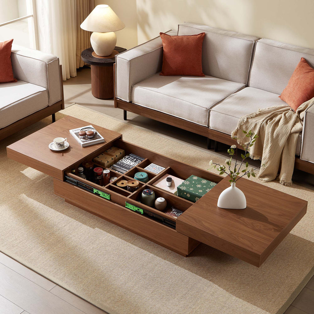 Walnut coffee table extended to full 82-inch length