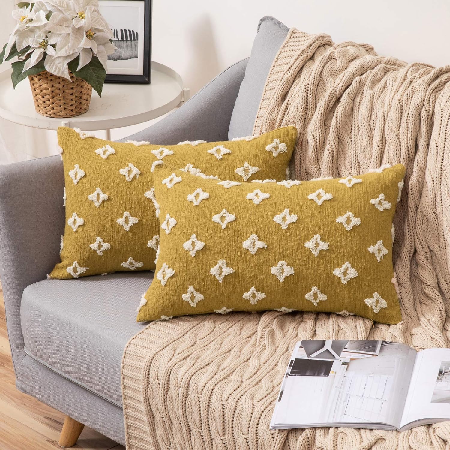 Flower Tufted Daisy Embroidered Throw Pillow yellow
