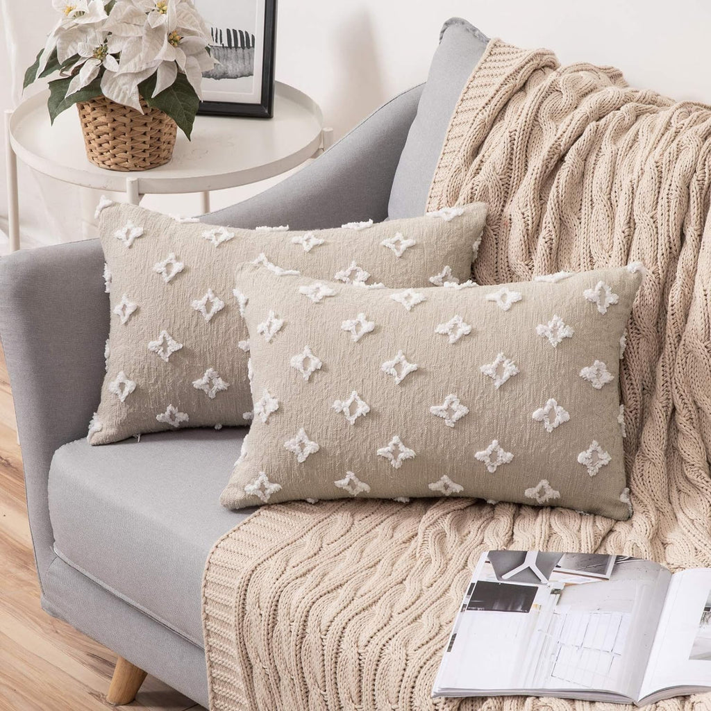 Flower Tufted Daisy Embroidered Throw Pillow beige