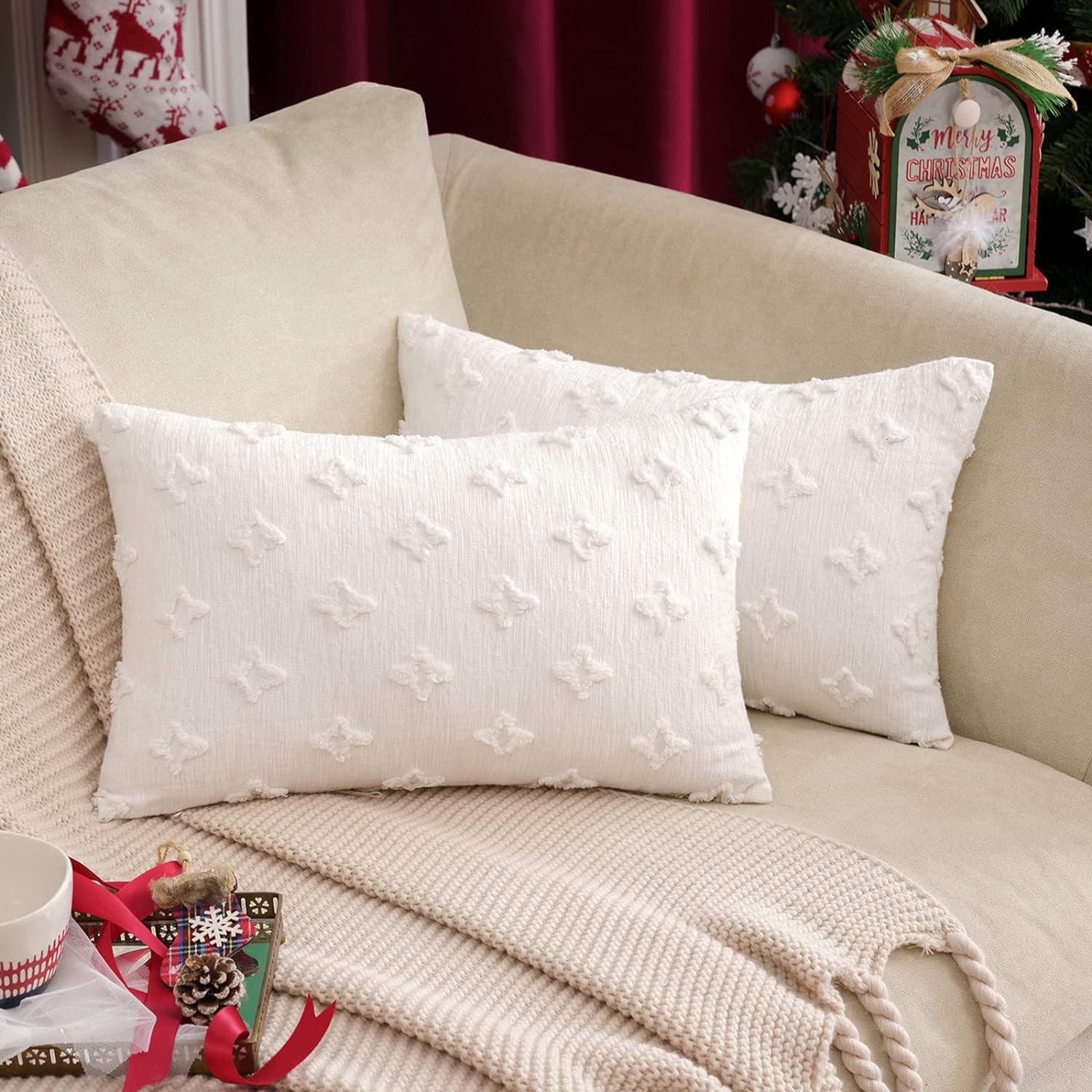 Flower Tufted Daisy Embroidered Throw Pillow white with insert
