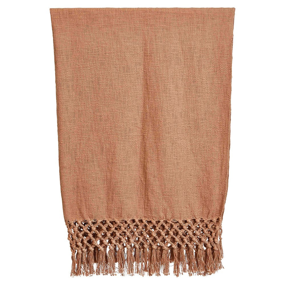 Woven blanket texture close-up with fringe detail