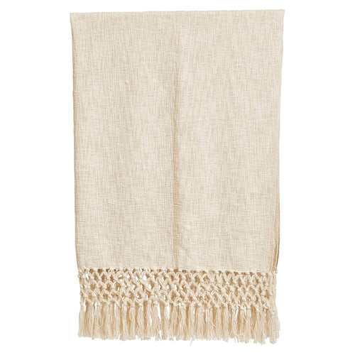 Hand-woven cotton throw blanket with crochet fringe