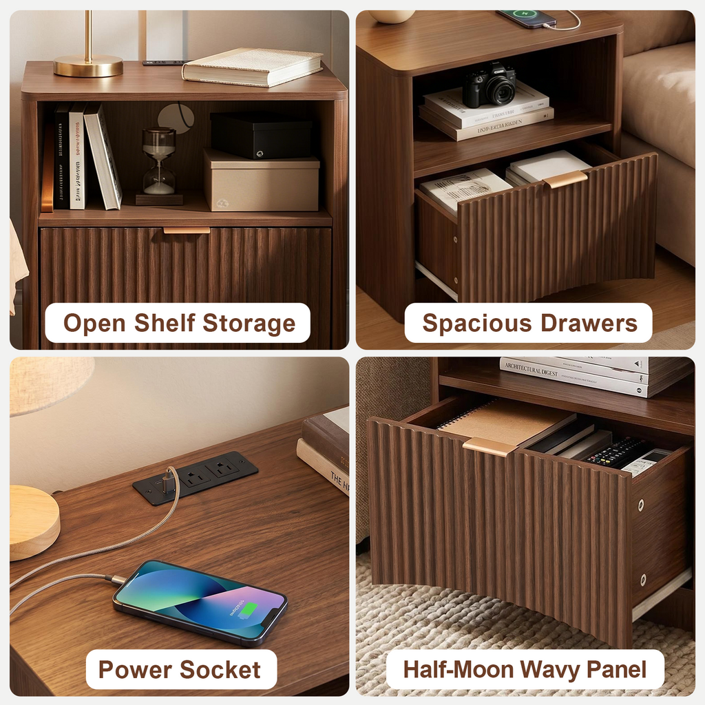 Mid-Century Modern Fluted Nightstands in Bedroom Setting