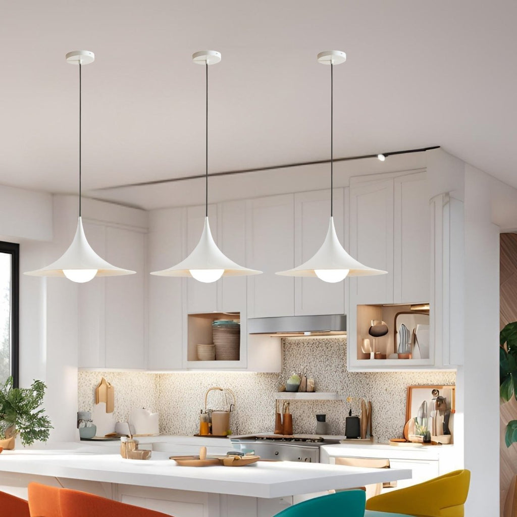 Mustard yellow pendant light over a dining table