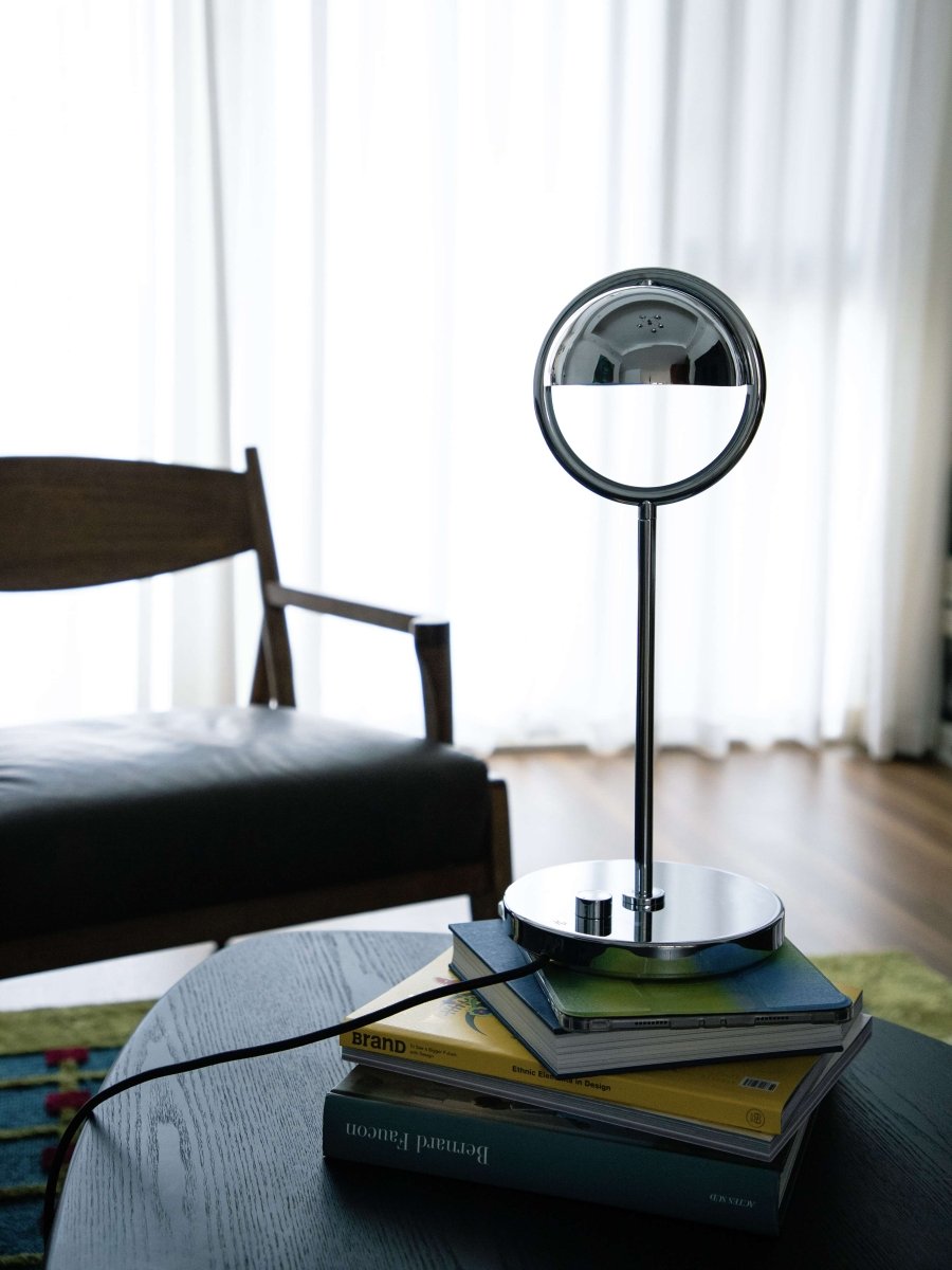 Sculptural Chrome Ring Table Lamp with Built-In Dimmer - 17.7in