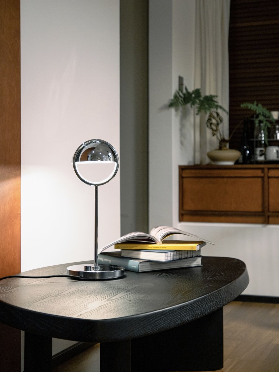 Sculptural Chrome Ring Table Lamp with Built-In Dimmer - 17.7in